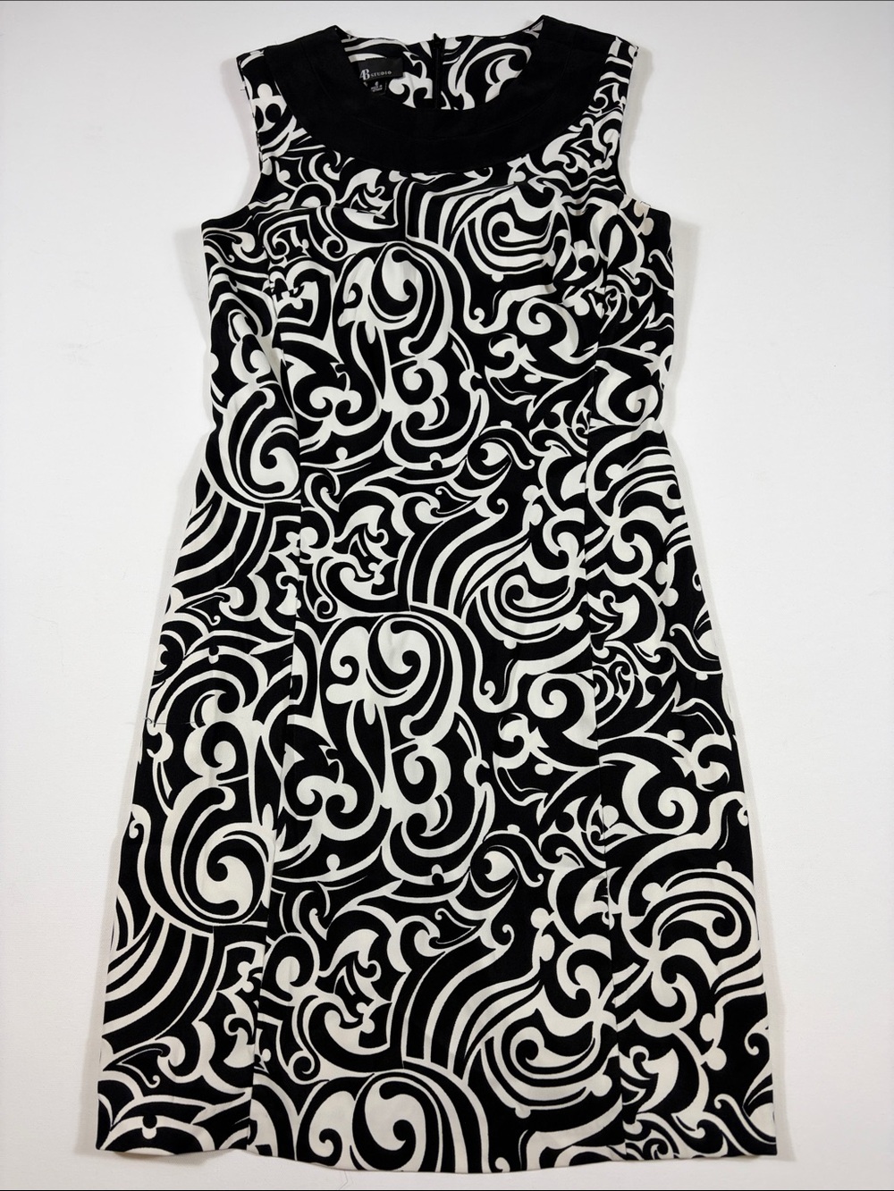AB Studio Size 6 Black White Scroll Print Sheath Dress Sleeveless